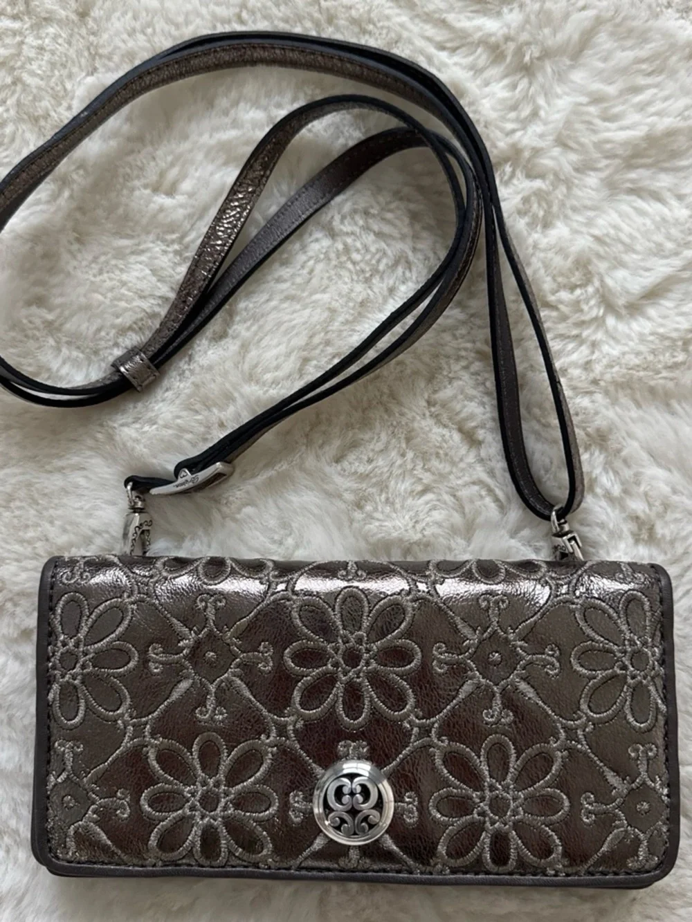 Brighton Valencia Metallic Embroidered Floral Leather Crossbody Wallet Bag